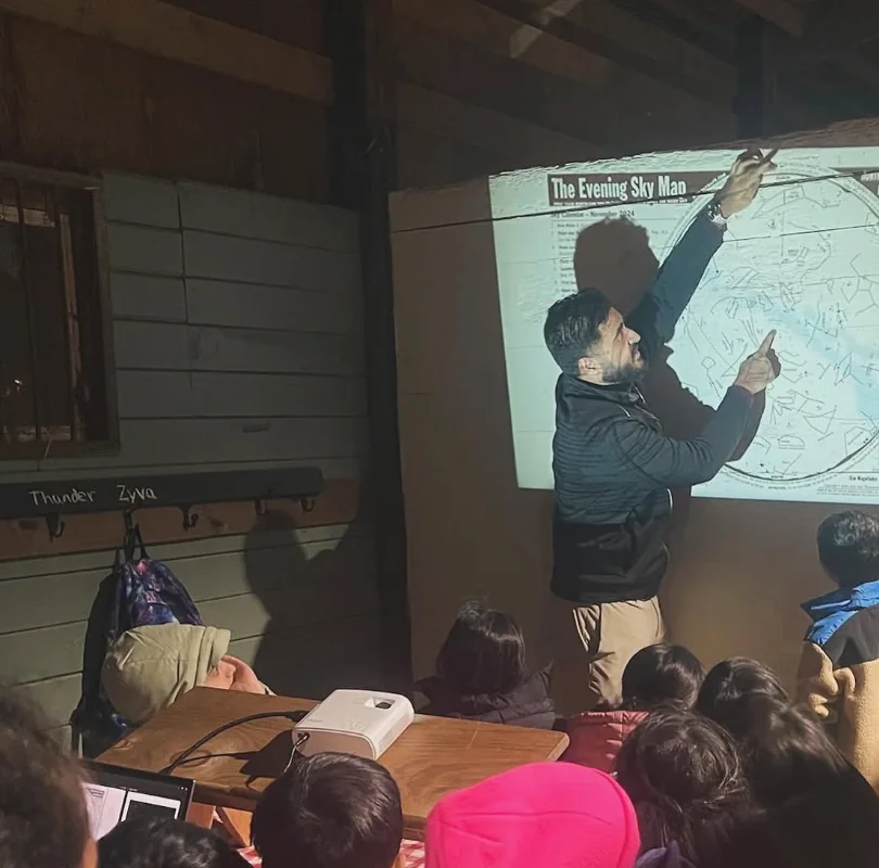 Waleed teaching children how to use a seasonal evening sky map during an astronomy night